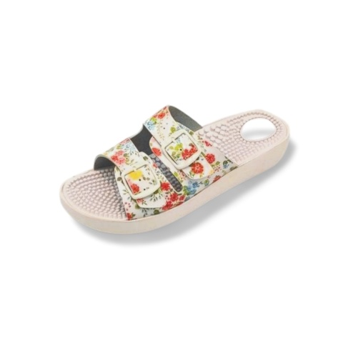 Klapki SANITAL FLEX KF-02 białe/kolorowe kwiatki,skóra ekologiczna